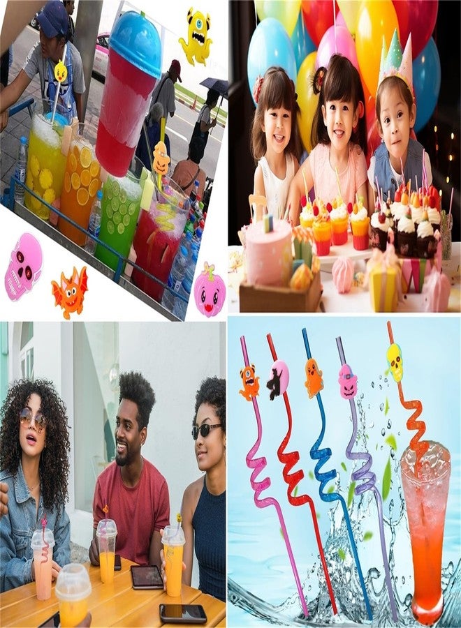 Roaqua 24 packs Bulk Halloween Reusable Plastic Straws For Kids Birthday Party Favors,Pumpkin Ghost Witch Crazy Drink Straws For Classroom Activity with brush - Image 4